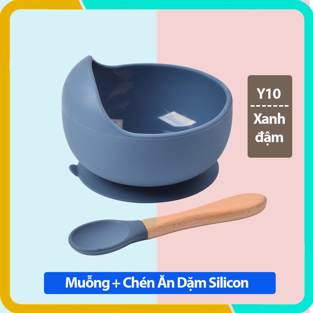 Chén Ăn Dặm Silicon Kèm Thìa Tay Cầm Gỗ - Đế Hít Chống Đỗ- Chất Liệu An Toàn Cho Bé- Ăn Dặm Chỉ Huy Kiểu Nhật