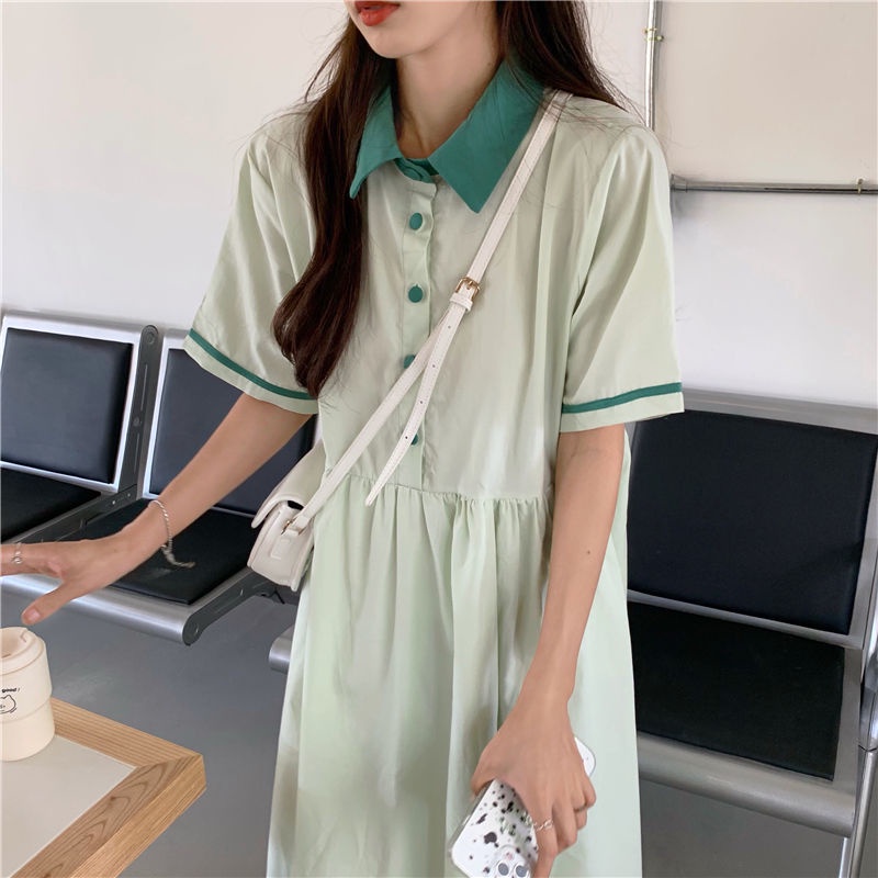 Váy chữ a Cổ áo POLO màu xanh lá cây nhạt Độ dài trung bình Nhỏ tươi và ngọt ngào Trang trí nút
