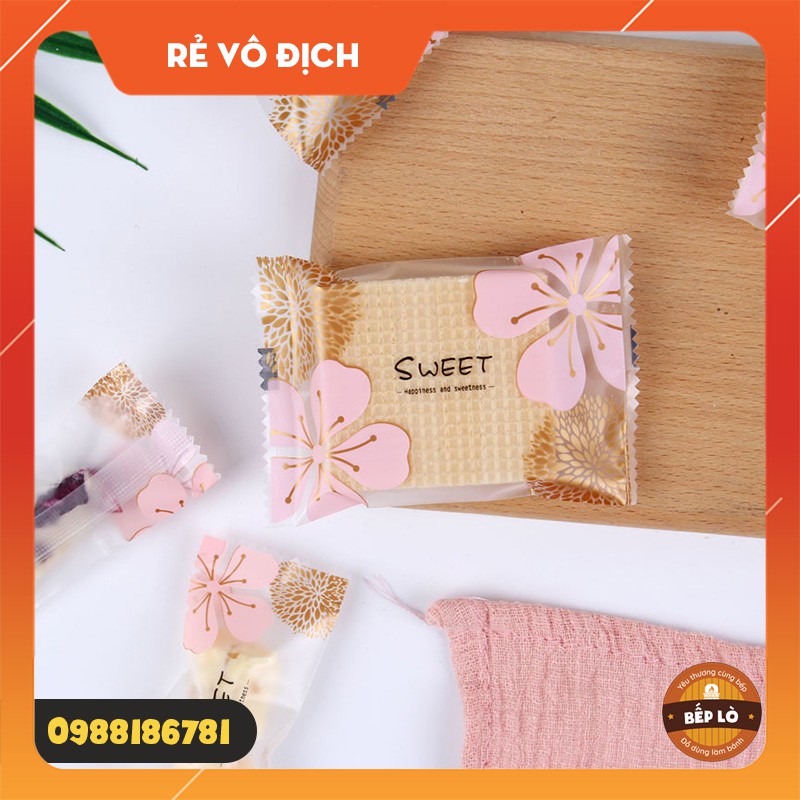 Túi Hàn Đựng Bánh Quy Kẹo Nougat Hình Hoa Anh Đào SIÊU ĐẸP - Set 100 túi