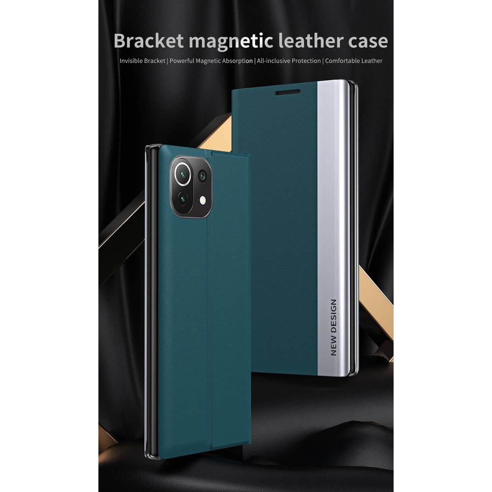 Bao da điện thoại PU nắp gập từ tính phối màu tương phản kèm giá đỡ cho Xiaomi Mi 11 Pro Mi11 Lite 5g/ 4g