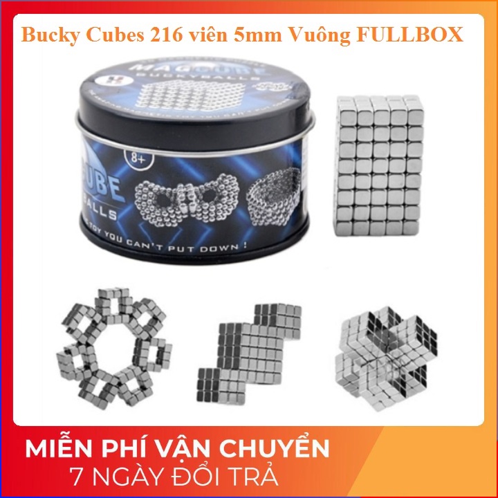 Bộ nam châm tạo hình thông minh Bucky Cubes 216 viên 5mm Vuông màu Bạc hộp nhôm sang nrọng