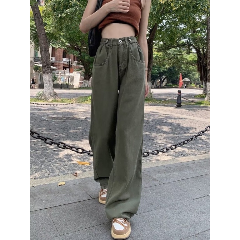 Quần jean Daduhey lưng cao ống rộng màu xanh lá retro thời trang phong cách Hàn Quốc cho nữ