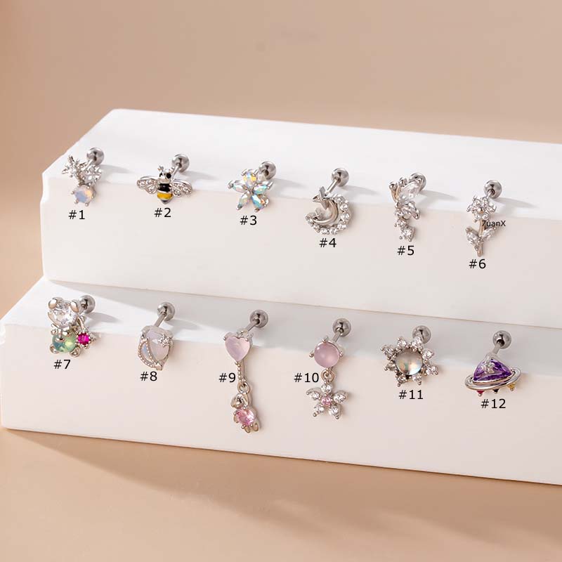 1 Khuyên Xỏ Sụn Tai 20 Ô Bằng Thép Không Gỉ Đính Đá Zircon Hình Trái Tim