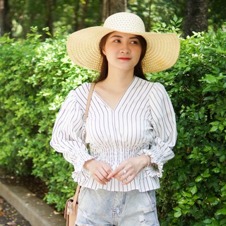 ÁO KIỂU SỌC NHÚN EO TAY DÀI