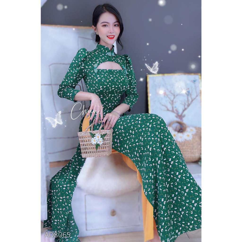 Áo dài hoa cách tân nữ kiểu cổ đính nút tàu CHUU AD8065 - không kèm quần