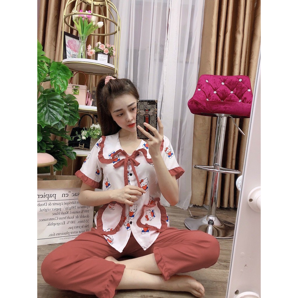 Đồ Ngủ Nữ, Đồ Bộ Mặc Nhà Nữ Hot Trend Sunri Shop - Pijama Kate Lụa Tiểu Thư Dễ Thương Tay Ngắn Quần Dài Vải Kate Lụa Mềm | BigBuy360 - bigbuy360.vn