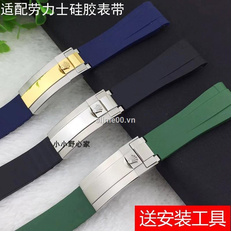 ROLEX Dây đeo đồng hồ bằng cao su silicon cong 20mm màu xanh đen/xanh dương