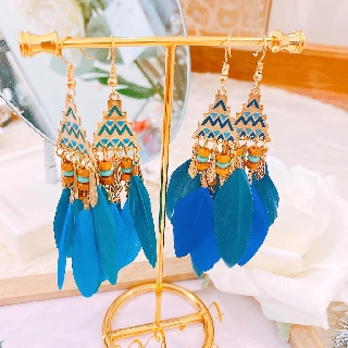Bông tai nữ đẹp - Khuyên tai nữ bohemian tua rua lông vũ màu xanh