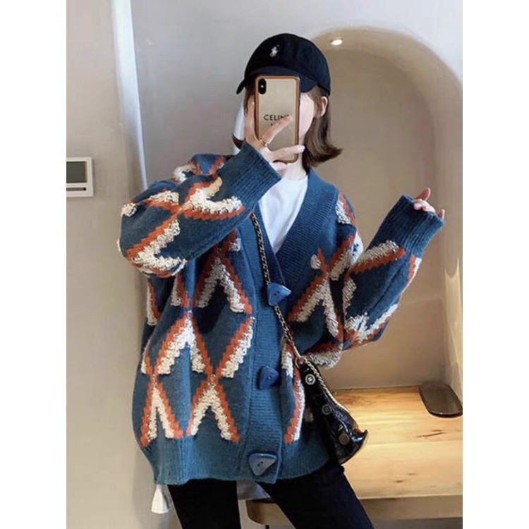Áo khoác Cardigan Forgirl thổ cẩm xanh dương kẻ cam trắng dáng rộng