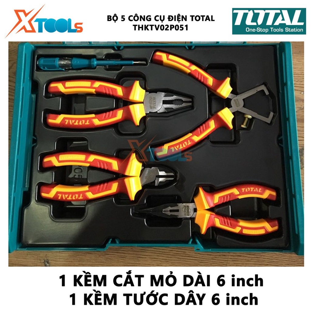 Bộ 5 công cụ cầm tay cách điện TOTAL THKTV02P051 | Đồ nghề gia dụng cách điện 1 kềm răng 7 inch , 1 kềm cắt 6 inch, 1 kề