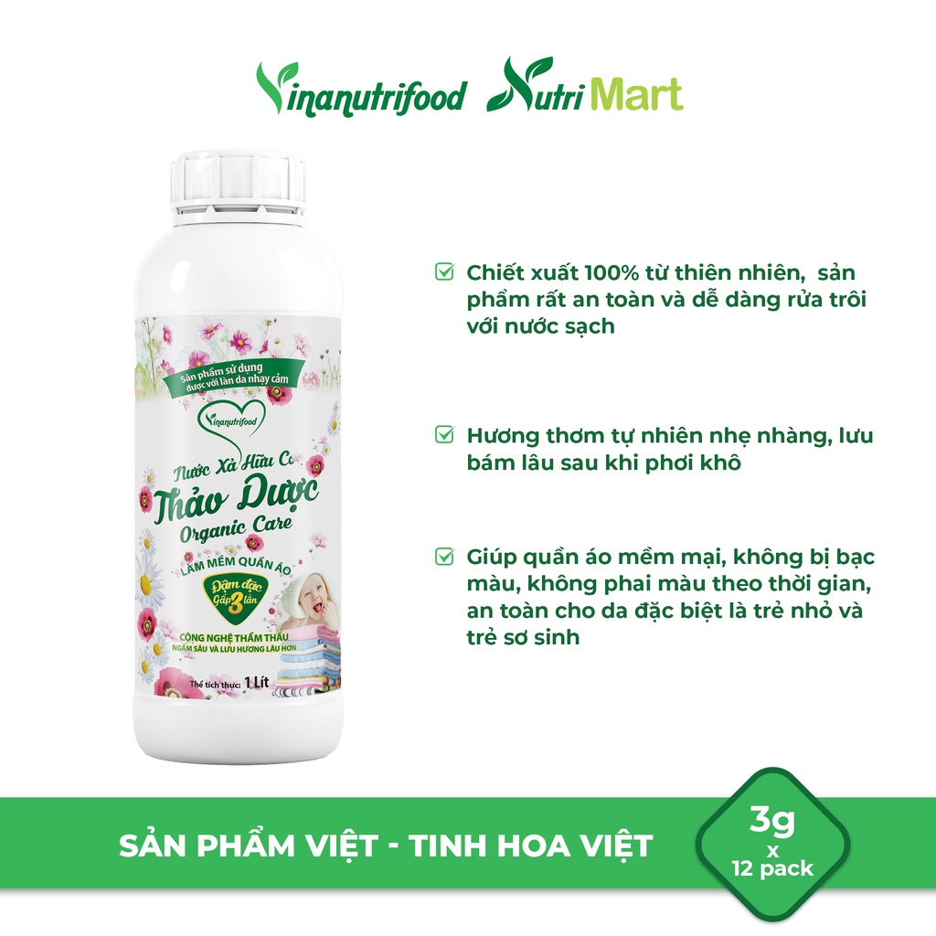 Nước Xả Hữu Cơ Thảo Dược Organic Care Vinanutrifood hương thơm tự nhiên nhẹ nhàng, giúp quần áo mềm mại, Chai 1000ml