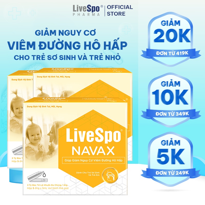 Combo 3 Nhỏ mũi Nước muối sinh lý bào tử lợi khuẩn LiveSpo Navax sơ sinh giảm viêm mũi - Hộp 5 ống x 5ml