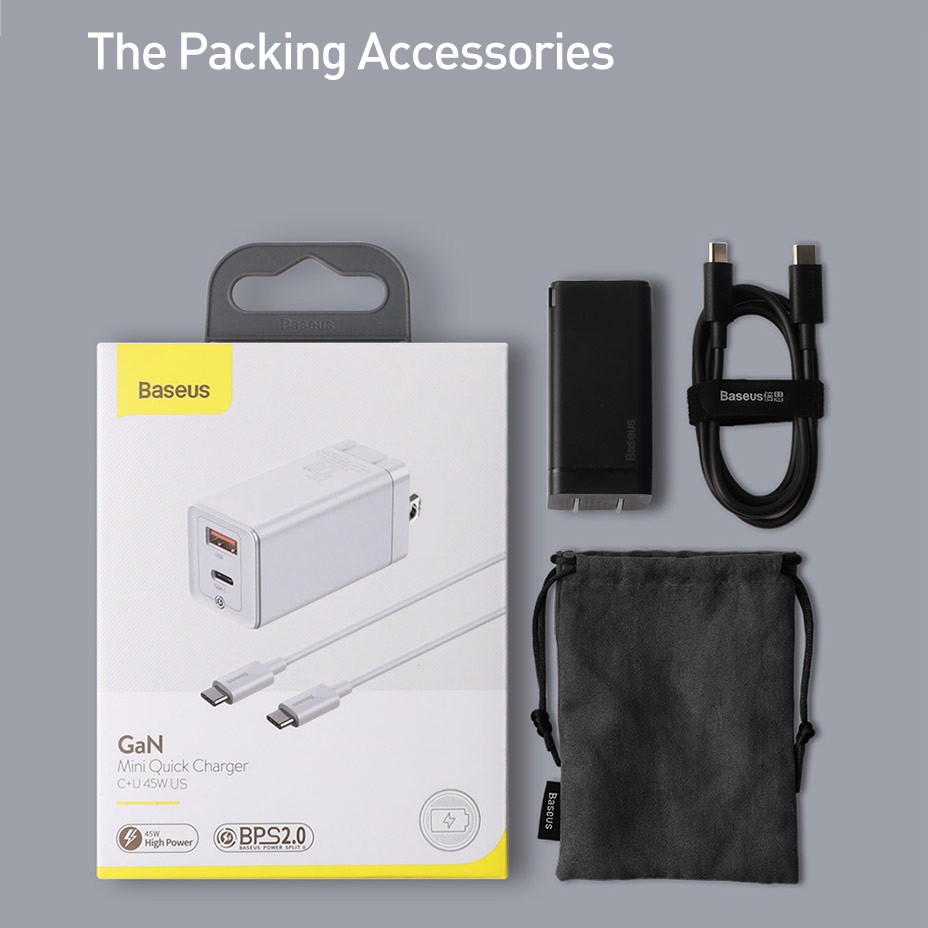 Củ cóc sạc Baseus GaN Mini Quick Charger hỗ trợ sạc nhanh 45W USB & PD Type-C chuẩn 3.0 & QC 4.0 - hàng nhập khẩu