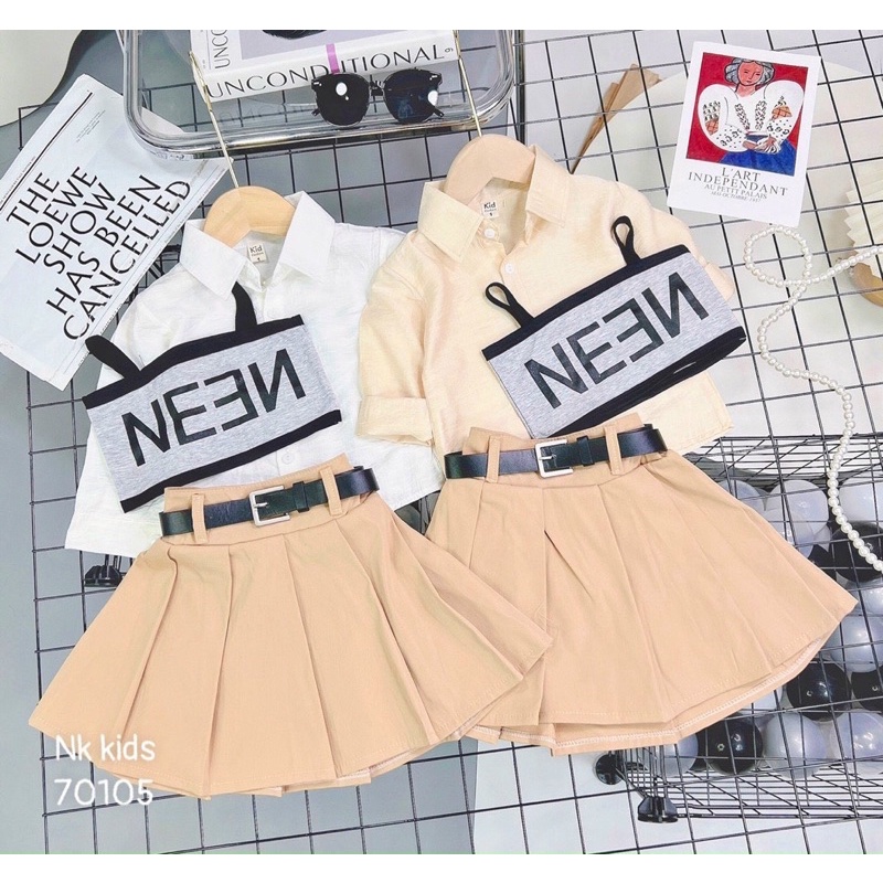 Set váy học sinh kèm áo Bra và đai Lưng cho bé gái 15-30kg