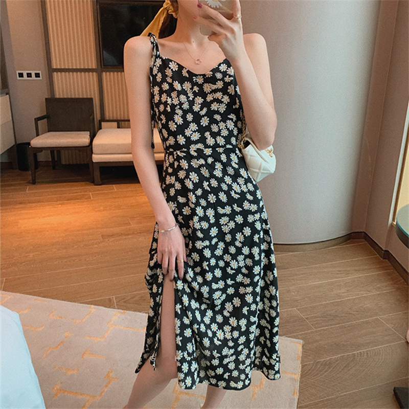 Váy Yếm Hoa Midi Vải Chiffon Phong Cách Hàn Quốc