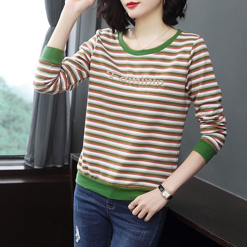 Áo Thun Nữ Dài Tay Cổ Tròn Sọc Ngang Thời Trang Hàn