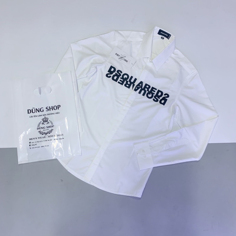 Áo Sơ mi nam trắng hoạ tiết chữ thêu ngược DSQ chỉ nổi SM55