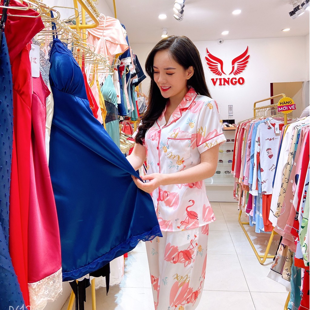 [Mã FAMALLT5 giảm 15% đơn 150k] VINGO Bộ Đồ Mặc Nhà Pijama Lụa Pháp Tay Dài Quần Dài Họa Tiết Hồng Hạc H139 VNGO