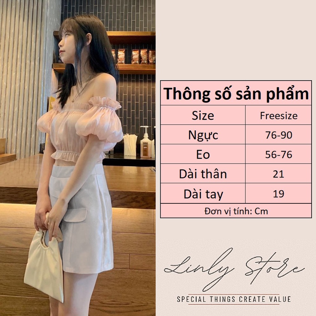 Áo trễ vai croptop tay bồng rời [2 lớp] Áo quây chất tơ oganza A-3M.