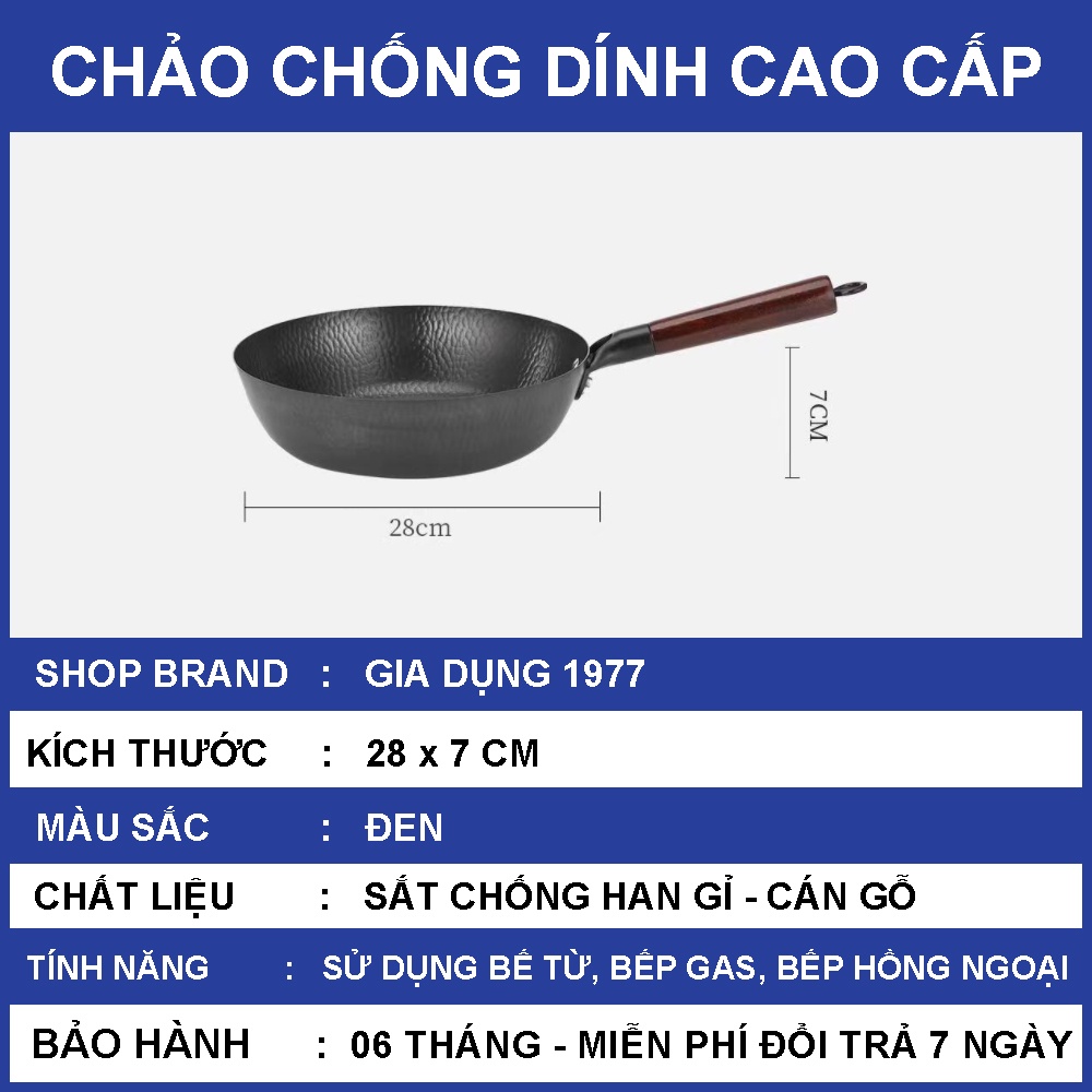 Chảo chống dính sâu lòng cao cấp size 28 cm công nghệ Nhật Bản, Chảo sâu lòng cán gỗ cách nhiệt dùng cho mọi loại bếp