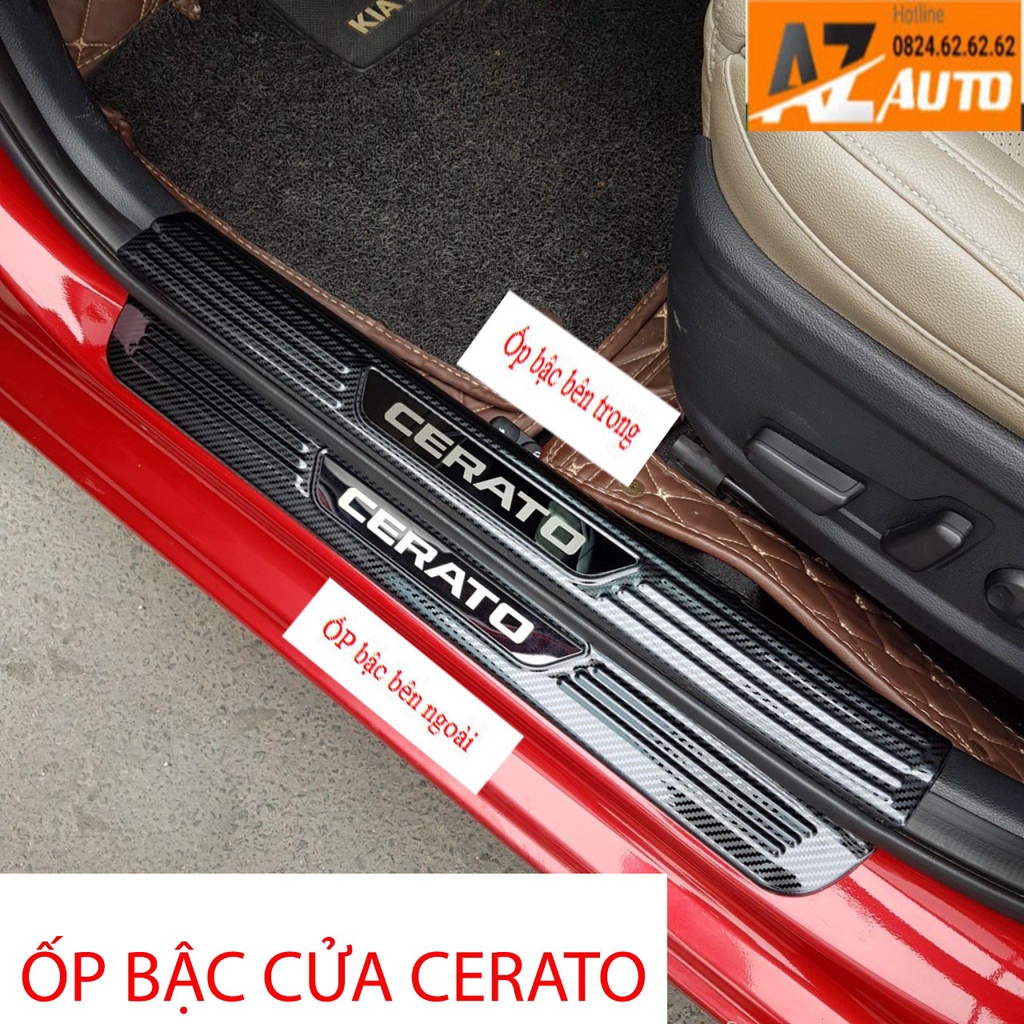 Ốp bậc cửa, nẹp bước chân trong, ngoài xe Kia Cerato 2019-2021 vân cacbon cao cấp