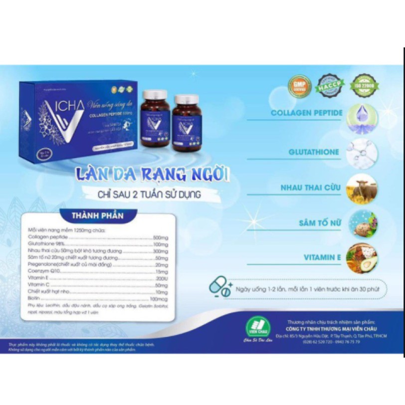 Viên uống Collagen, giúp sáng da, mờ nám, chống lão hóa da, Vicha collagen