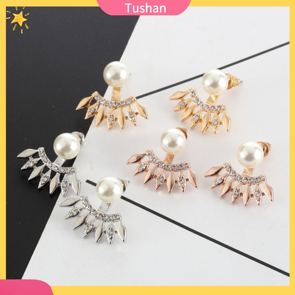 TUSH_Fashion Women Rhinestone Faux Pearl Fan Shape Ear Jackets Earrings Jewelry Gift