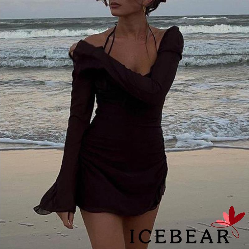 ICE-Women´s Dress Adult Solid Color Long Sleeve Drawstring Pleated Halter Neck Mini Dress
