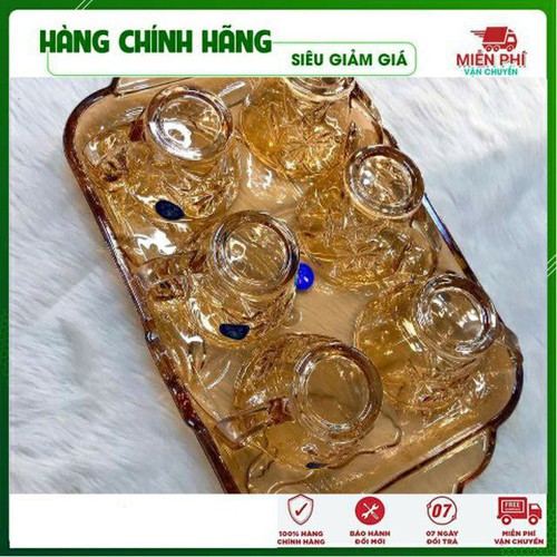 Bộ 6 Cốc Thủy Tinh Pha Lê - Bộ 6 Cốc Pha Lê Vàng Kèm Khay Sang Trọng- T2K Shop