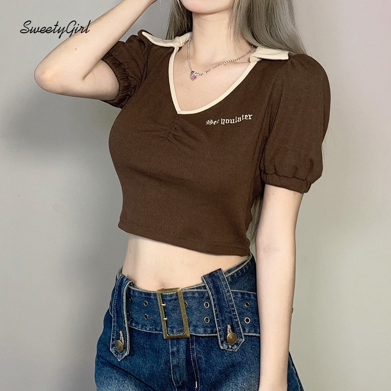 Áo Thun Tay Ngắn Phồng Cổ Chữ V In Chữ Màu Sắc Tương Phản Thời Trang Cho Nữ 2022