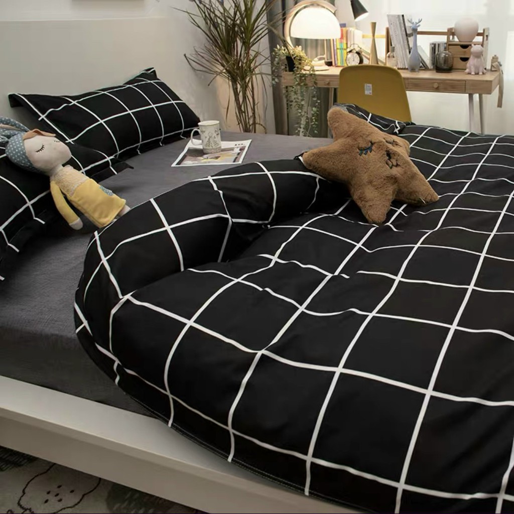 Bộ Chăn Ga Gối Cotton 3D✨m6/m8/2m-Tiệm Nhà Mêu✨Set 4 Món 2 Vỏ gối ,drap ,vỏ chăn Caro Kẻ Đen Cao Cấp Nhập Khau