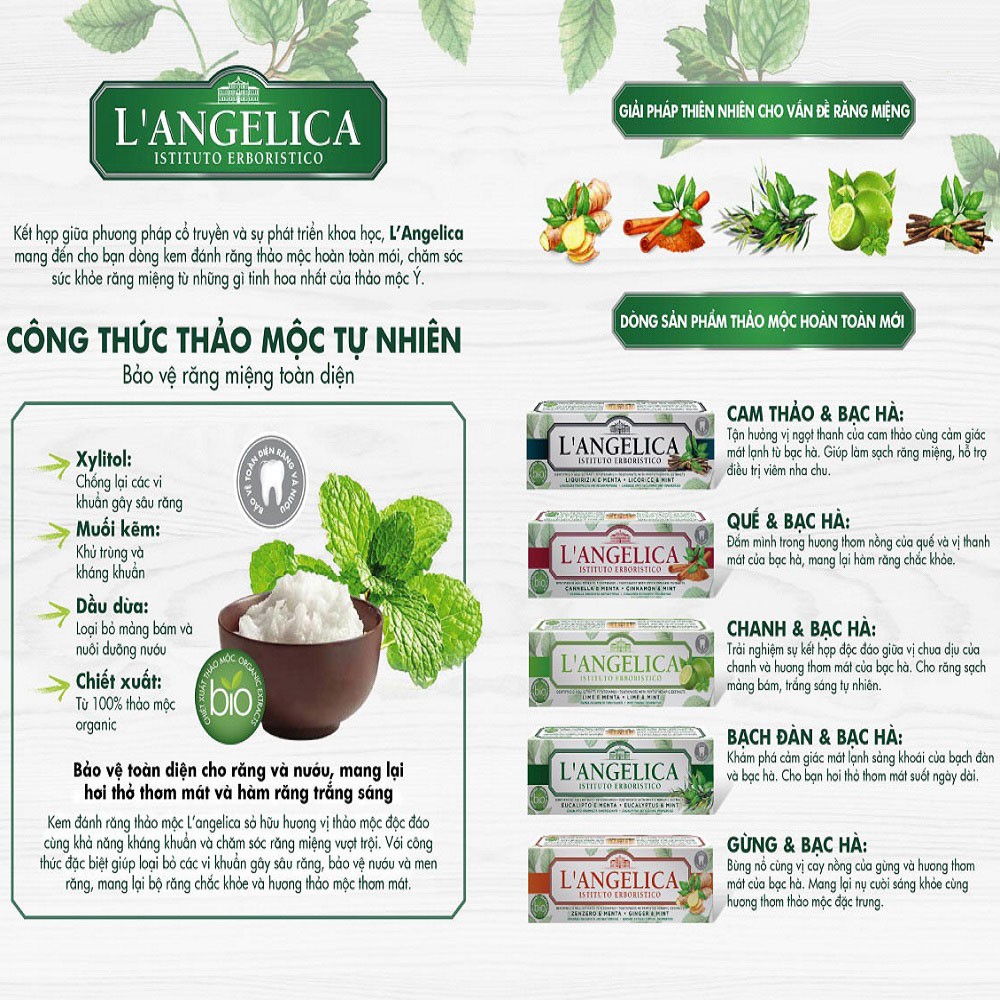 Kem Đánh Răng Thảo Dược Nhập Khẩu Ý (Bạc Hà &amp; Các Loại Thảo Mộc) L'Angelica | Thơm Miệng, Ngừa Sâu Răng &amp; Ê Buốt (75ml)