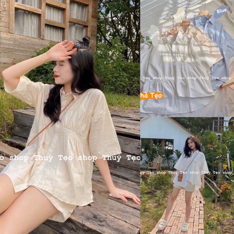 XẢ LỖ NGỪNG MÃ Áo sơ mi VẠT LỆCH cộc tay chất thô mềm - áo sơ mi nữ trơn cộc tay