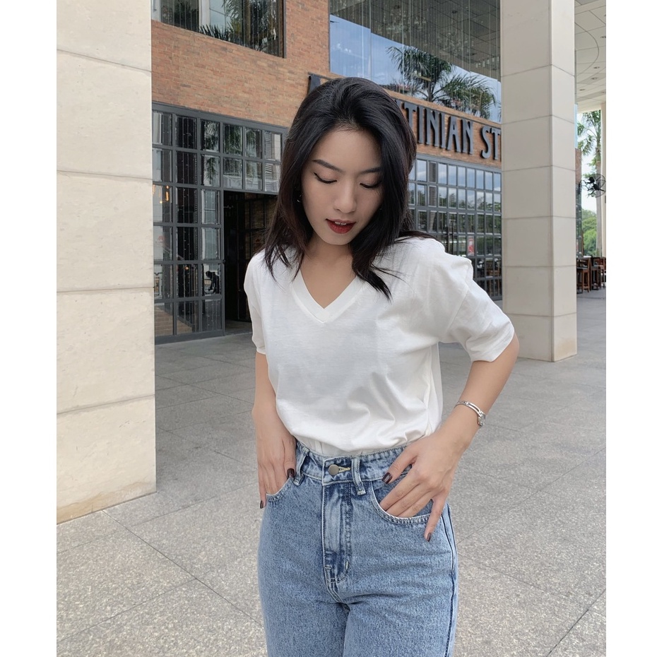 Áo Thun Trơn Nữ Tay Ngắn Cổ Tim Trắng - VSS - Hashtagem ( Freesize dưới 57kg )