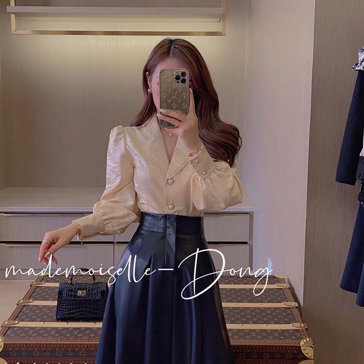 Phong cách cá tính thích hợp áo sơ mi giản dị kiểu Pháp đầu váy cạp cao thời trang phù hợp với
