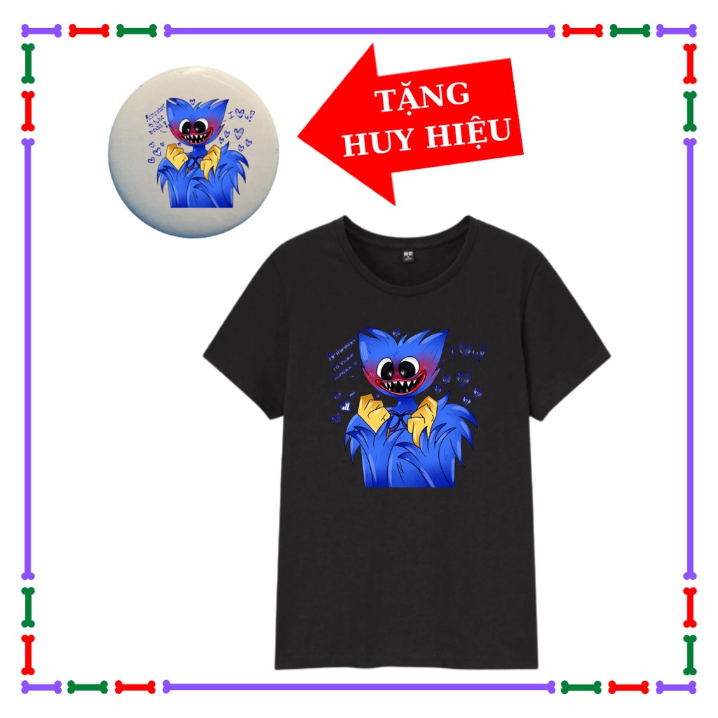 Áo thun trẻ em màu đen Huggy Wuggy, Nhím Sonic, Error 404, áo Biệt Đội Gangster, Kèm Huy hiệu