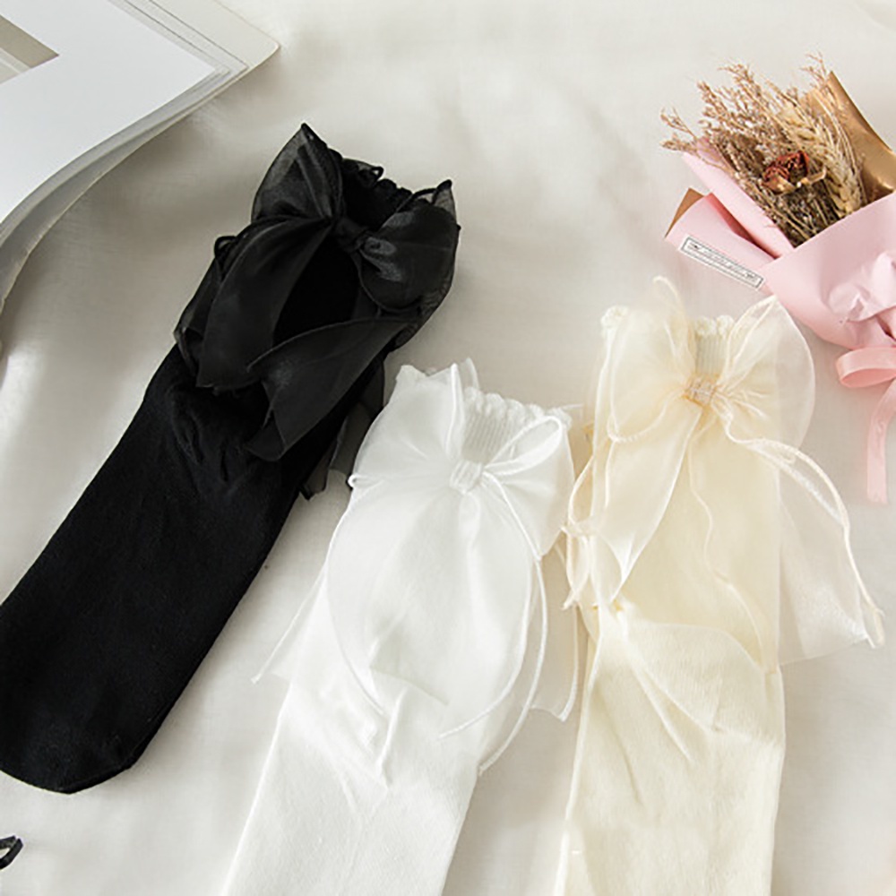 Đôi tất vải ren nhún bèo đính nơ ngọt ngào nhiều màu tùy chọn phong cách lolita cho bạn gái