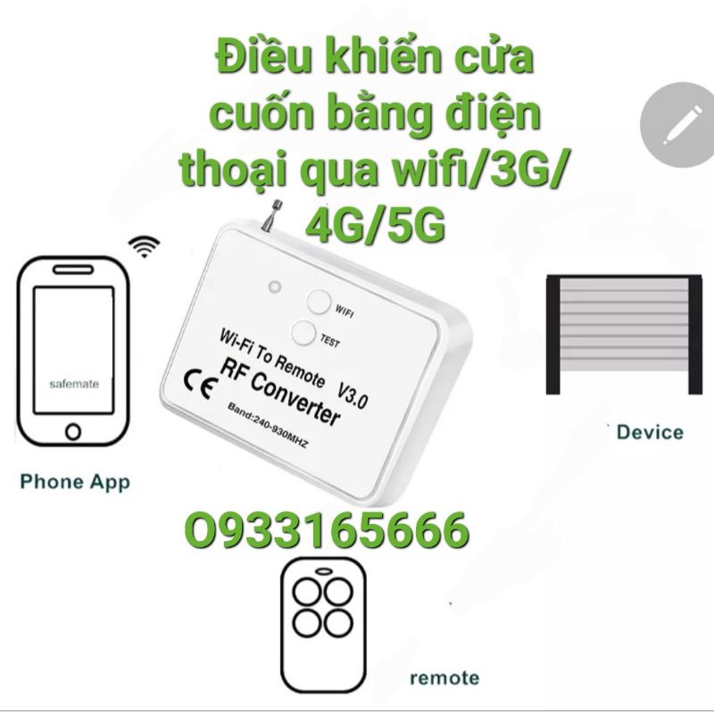Bộ điều khiển cửa cuốn bằng điện thoại qua wifi 3G 4G 5G - không cần đấu dây, kết hợp điều khiển đang dùng