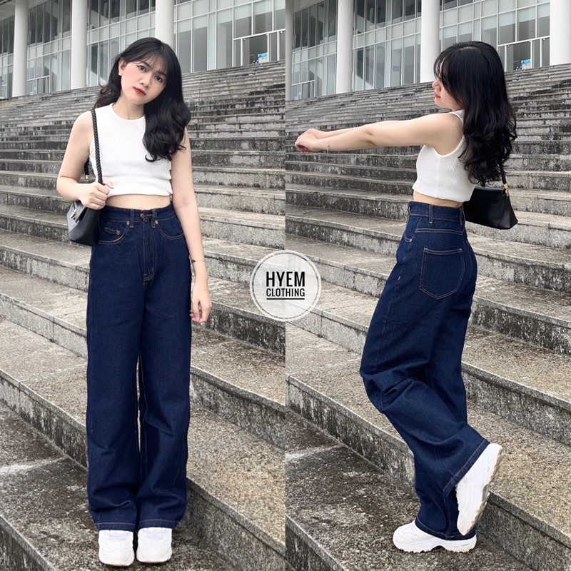 [NEW] Quần jean nữ lưng siêu cao dáng ống rộng màu xanh đậm, hàng cao cấp - Ms04