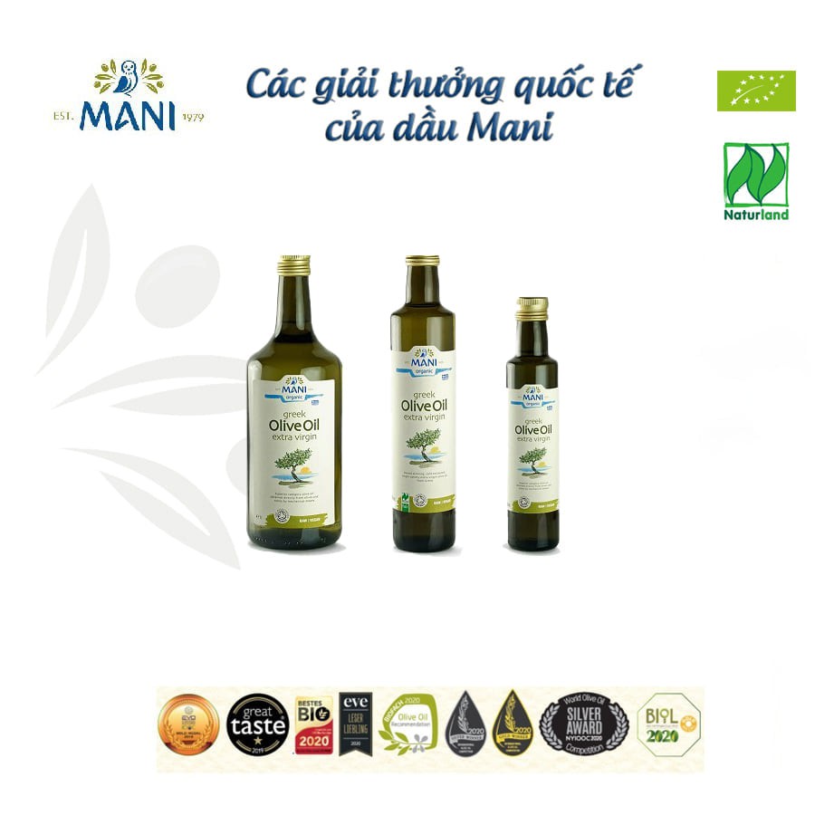 Dầu Extra Virgin Olive hữu cơ Mani 250ml/ 500ml/ 1lit Organic Extra Virgin Olive Oil