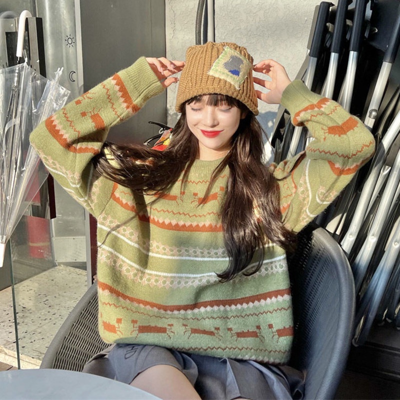 Áo Sweater Dệt Kim Tay Dài Dáng Rộng Kẻ Sọc Màu Xanh Lá Thời Trang Thu Đông Mới Cho Nữ