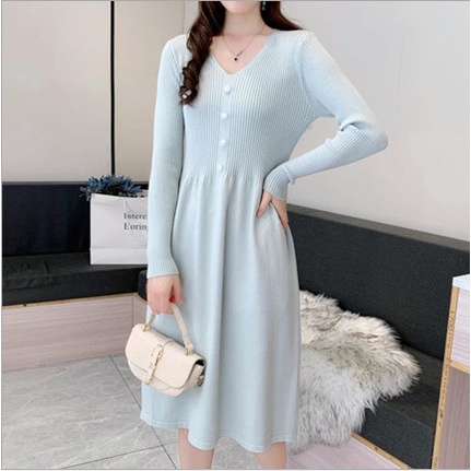 Đầm len cổ chữ v dáng dài qua gối trẻ trung mặc đi chơi, dự tiệc thời trang thu đông