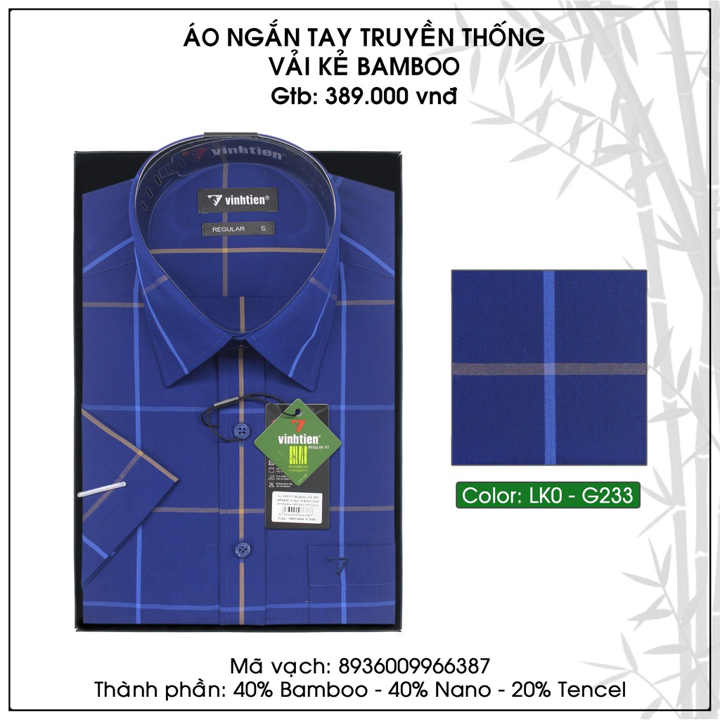 Áo Sơ Mi Ngắn Tay Regular Caro Bamboo Vạt Ngang Vĩnh Tiến 389