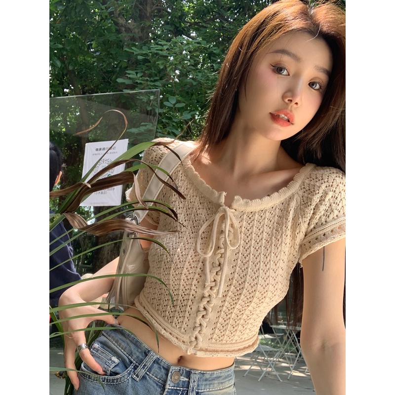 Áo Cardigan Dệt Kim Tay Ngắn Phối Ren Lỗ Thắt Dây Phong Cách Retro Mỹ Thời Trang Mùa Hè Cho Nữ