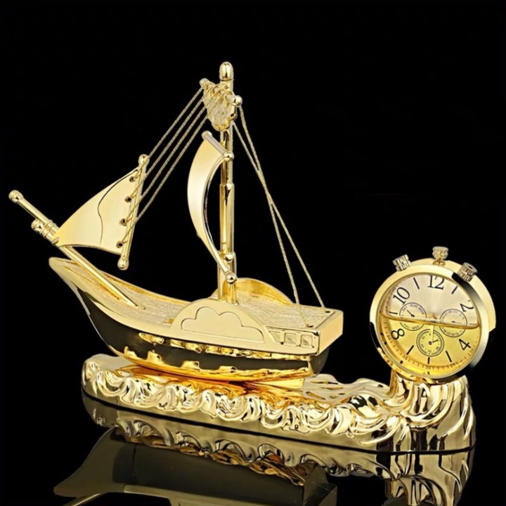 Tượng thuyền buồm tích hợp đồng hồ kèm nước hoa trang trí A180184 - Chất liệu hợp kim mạ vàng