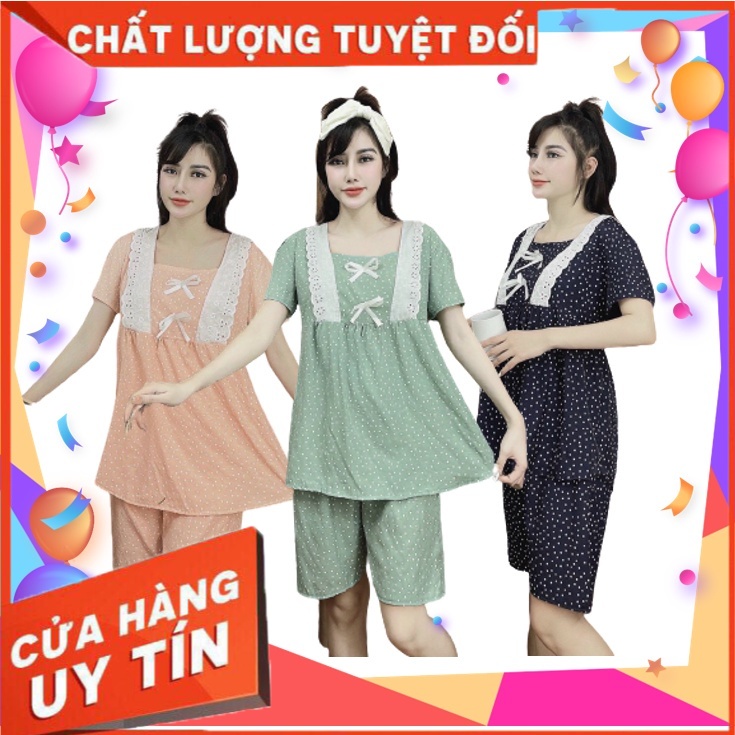Bộ sau sinh mùa hè MAMA DRESS Bộ đồ bầu lửng họa tiết chấm bi thiết kế cổ vuông viền ren kèm nơ xinh