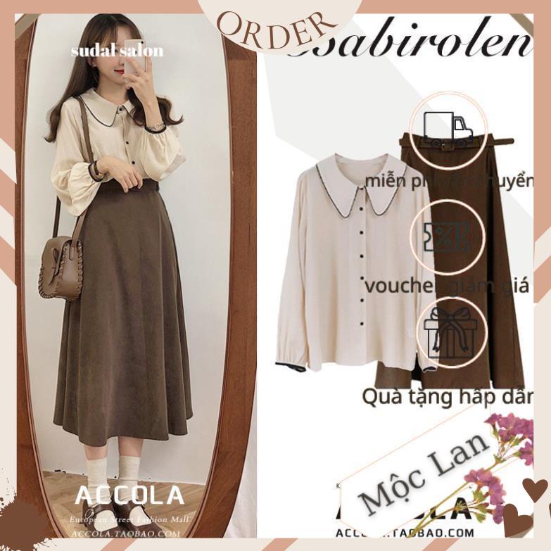 (MộcLan ORDER) Set áo sơ mi dài tay cổ bẻ phối viền MORAN + Chân váy xòe dài vintage Hàn Quốc