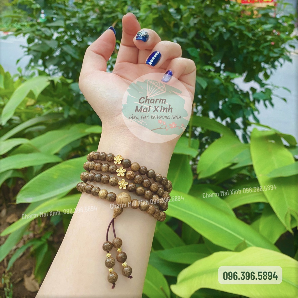 Chuỗi Trầm Hương Tốc 108 hạt phối 3 bông Hoa Mai nhí - Vòng Tay Hoa Gỗ tự nhiên Nam Nữ phong thuỷ