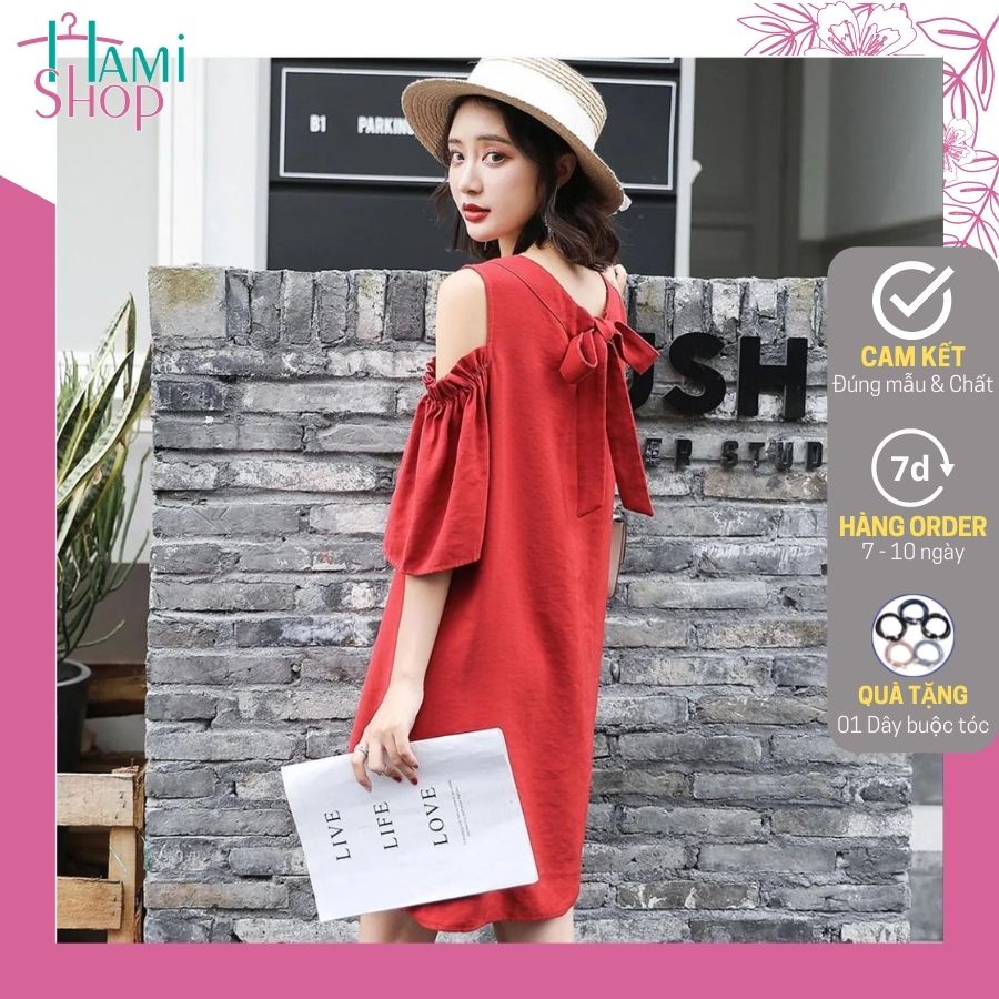 Đầm hở vai dáng suông rộng váy khoét vai siêu xinh dễ mặc dễ phối đồ