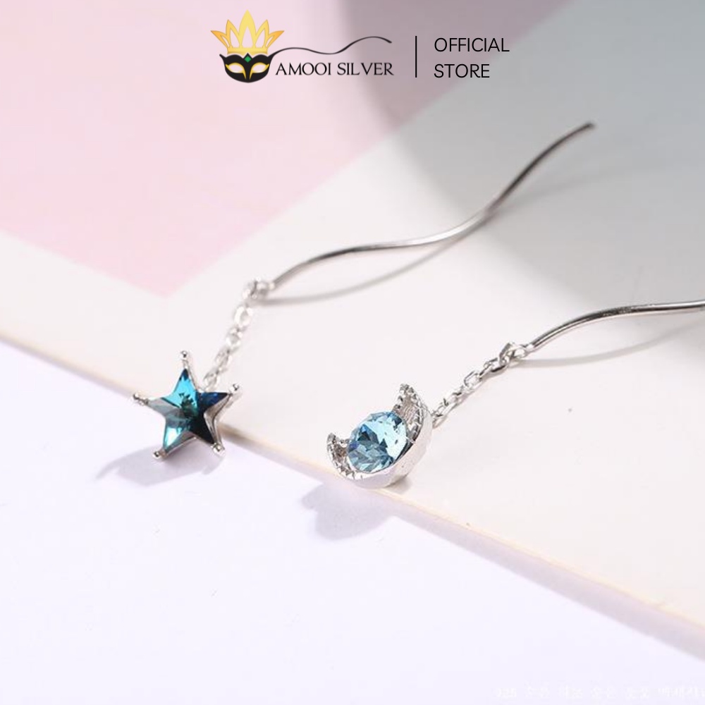 Bông Tai Bạc S925 Mẫu Mặt Trăng Ngôi Sao Xanh Tua Rua - Amooi Silver AB56